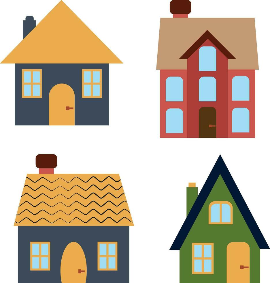 Cute House. Cartoon small town house, minimalist city building, minimal suburban housing vector illustration icon set.