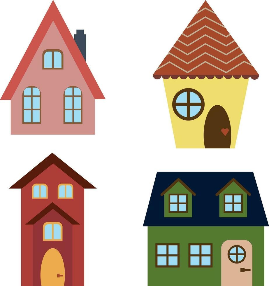Cute House. Cartoon small town house, minimalist city building, minimal suburban housing vector illustration icon set.