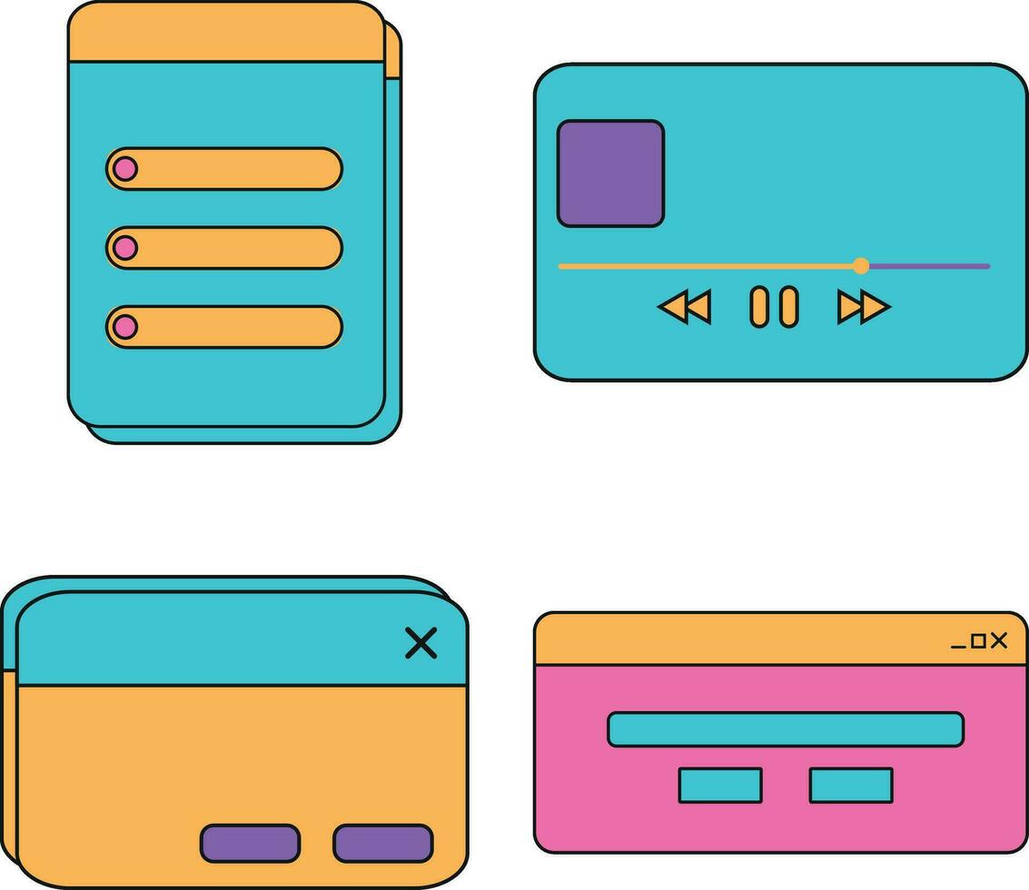 Retro Ui shape. Social media stories and posts with old computer aesthetic ui elements vector set. Illustration of retro groovy abstract interface