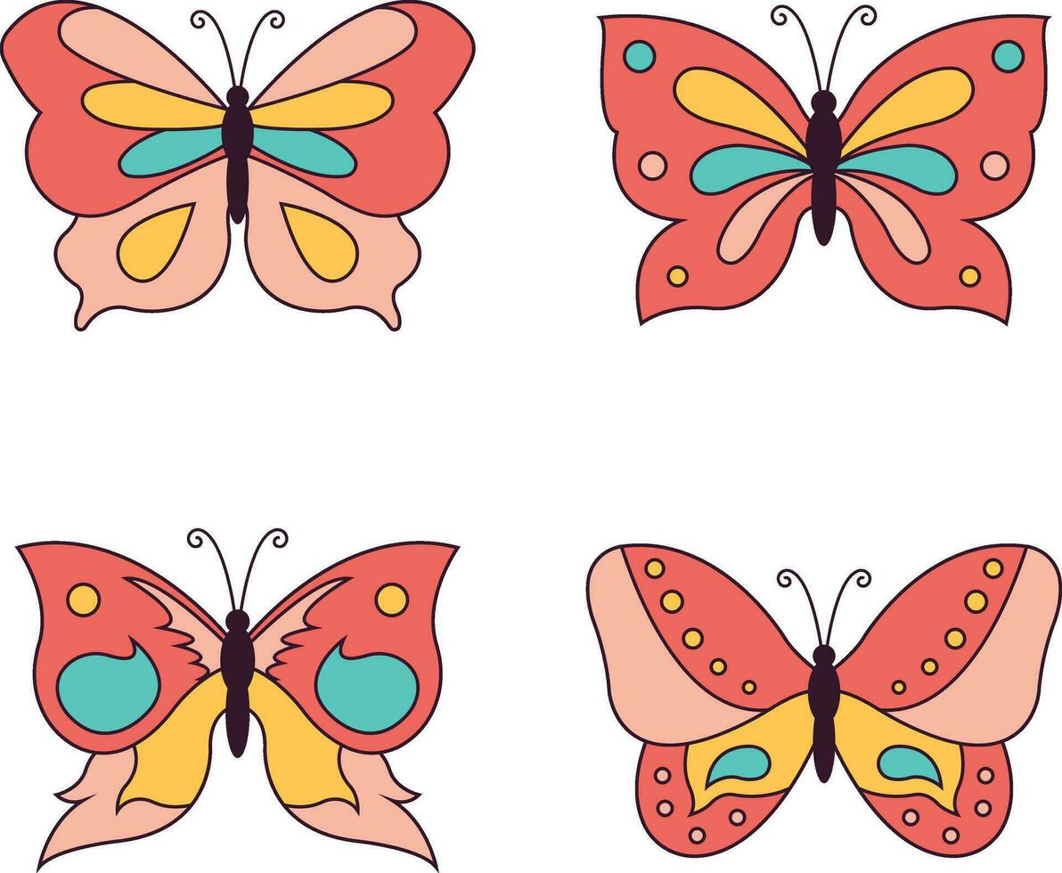 retro mariposa, margarita, flor pegatinas hippie 60s 70s elementos. floral romántico firmar y símbolos en de moda linda retro estilo.vector ilustración vector