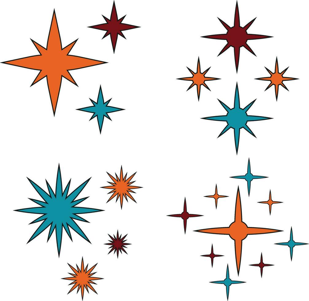 retro brillante estrellas, Starburst y retro futurista gráfico adornos para decoración. ilustración vector