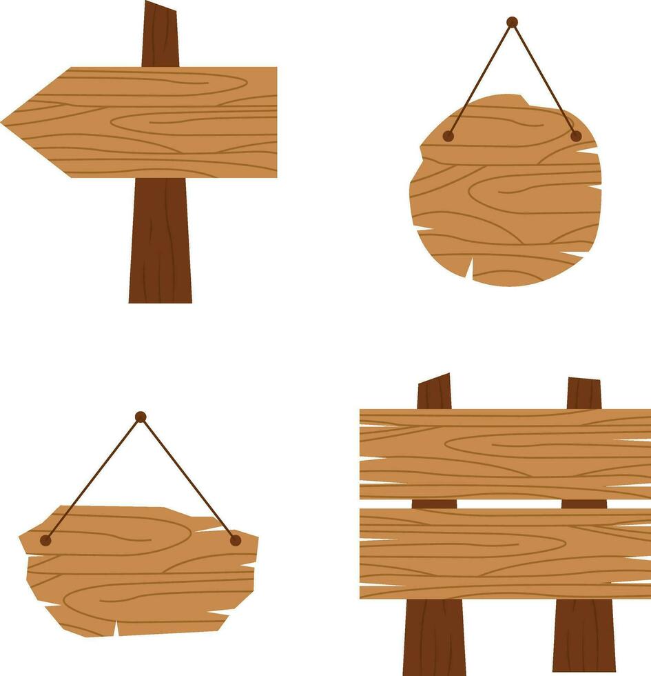 Hanging Wooden Board. signboard in cartoon style isolated on white background Rustic board, plank with place. vector