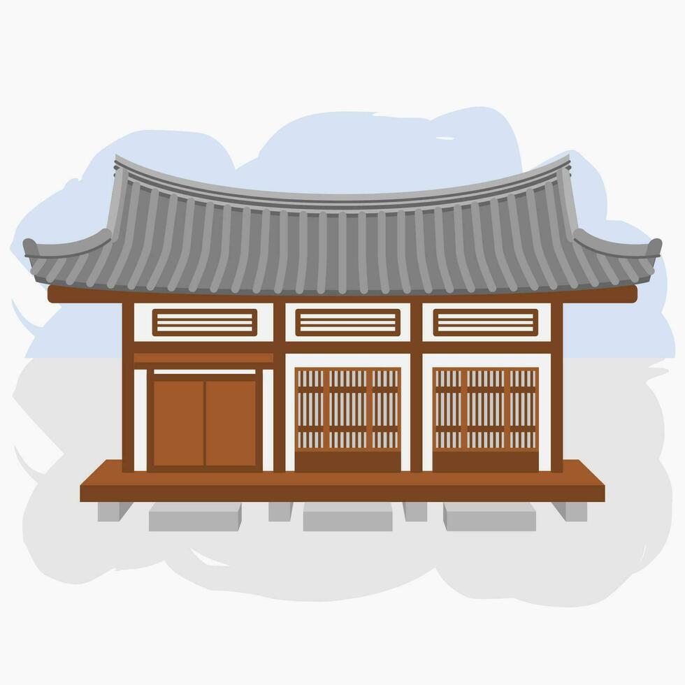 Editable Vector Illustration of Front View Wide Traditional Hanok Korean House Building for Artwork Element of Oriental History and Culture Related Design