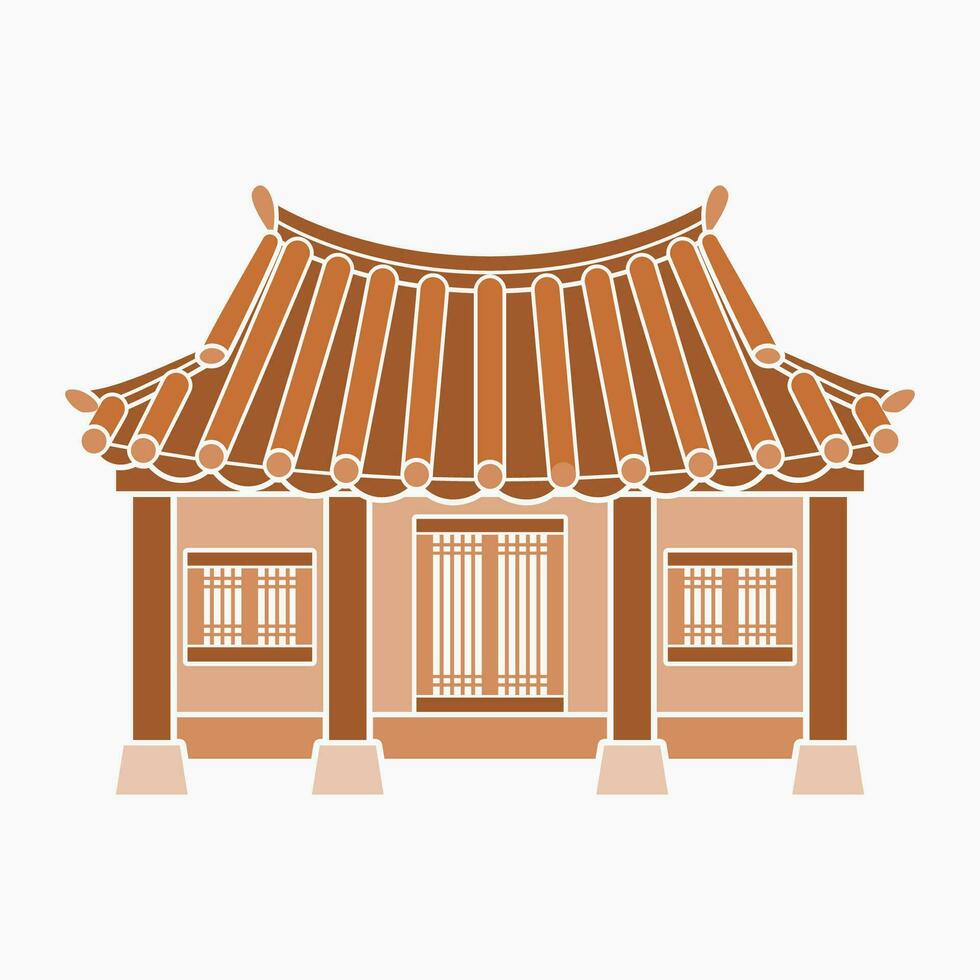 Editable Vector Illustration of Flat Monochrome Style Front View Traditional Hanok Korean House Building for Artwork Element of Oriental History and Culture Related Design