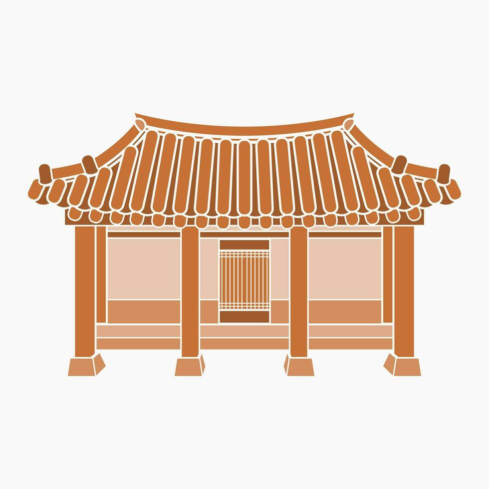 Editable Front View Traditional Hanok Korean House Building Vector Illustration in Flat Monochrome Style for Artwork Element of Oriental History and Culture Related Design