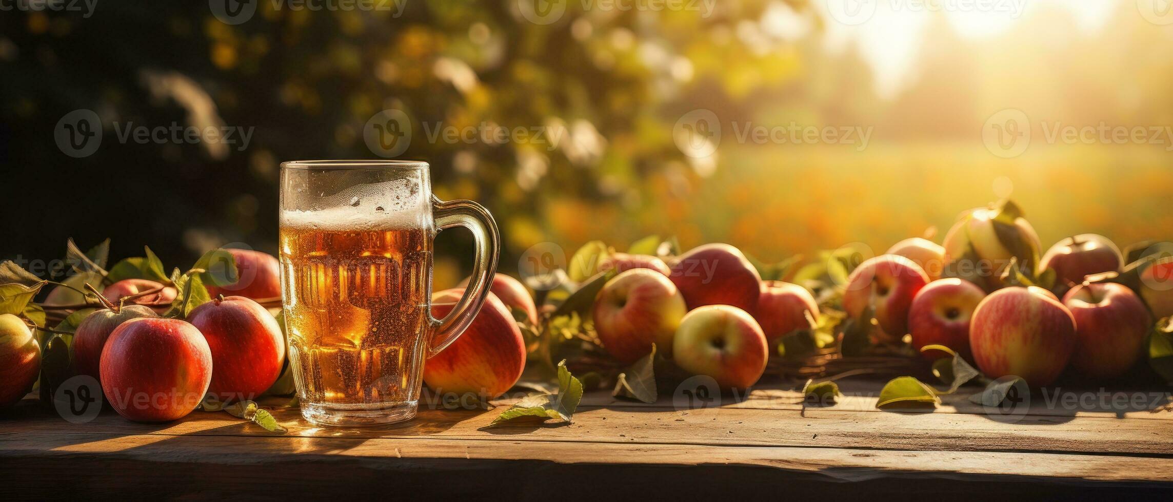 Apple cider on table with apples photo