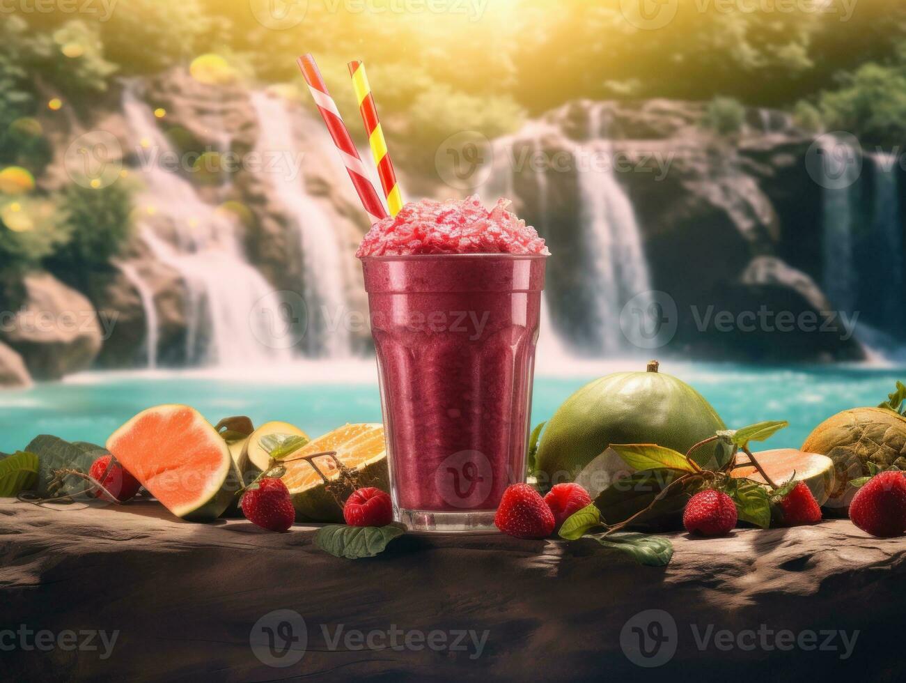 Berries smoothie on tropical background photo