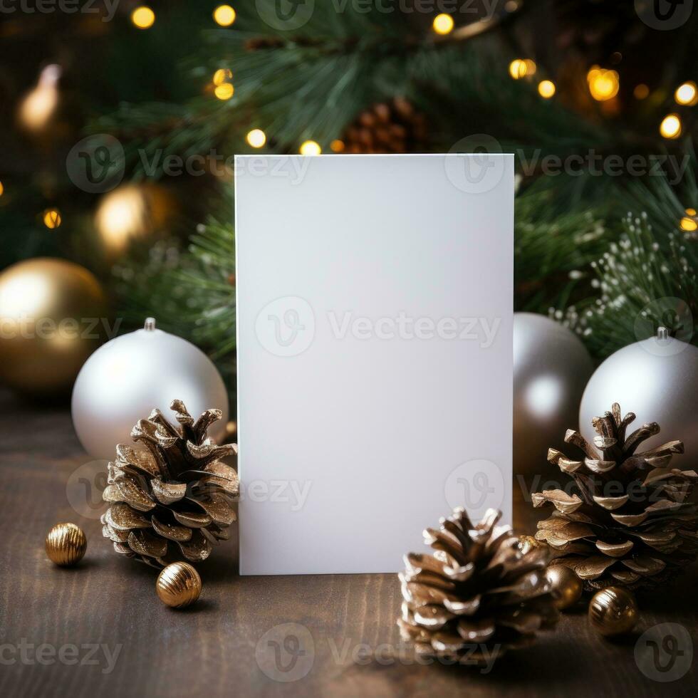 Blank white greeting card mockup, beautiful background decorated for christmas photo