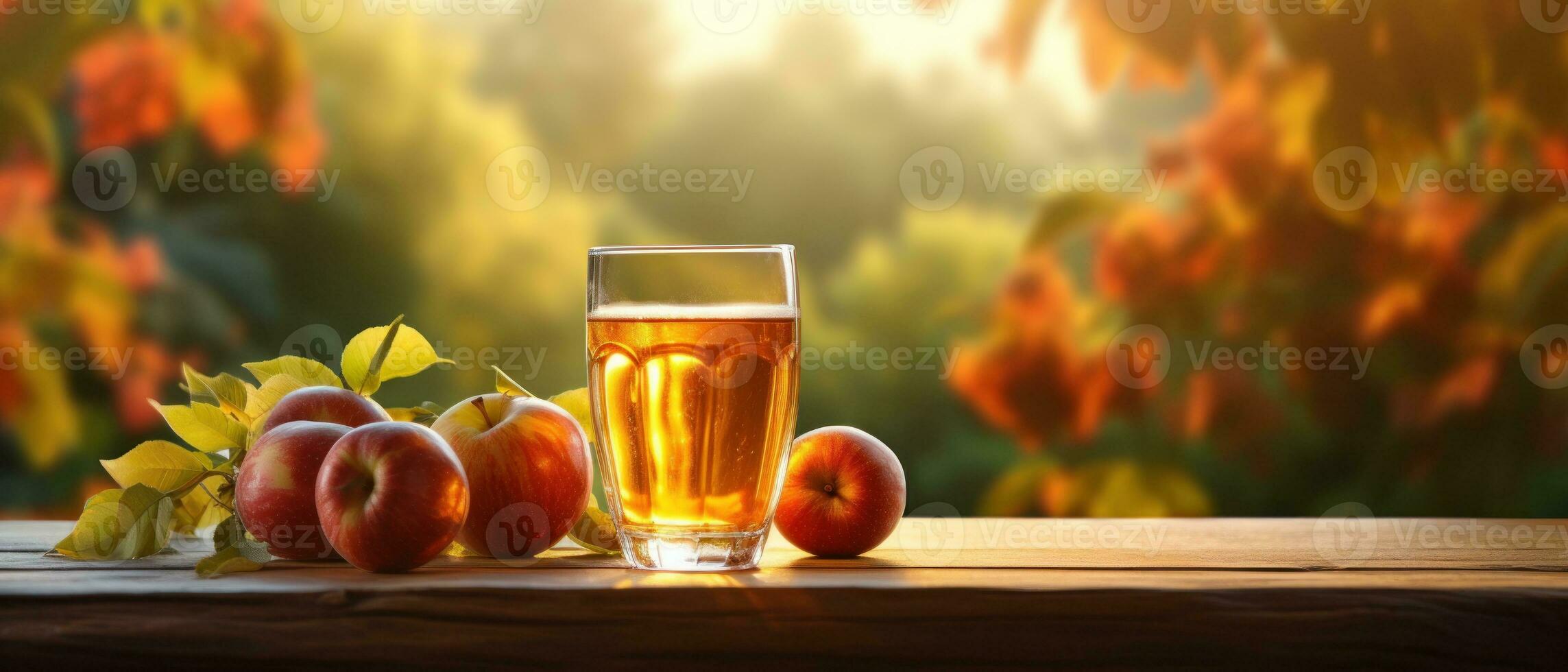 Apple cider on table with apples photo