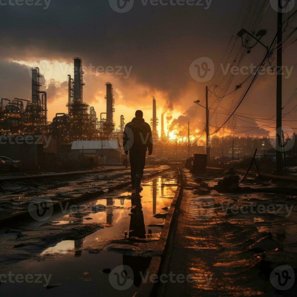 A worker stands on a tower overlooking the sunset photo