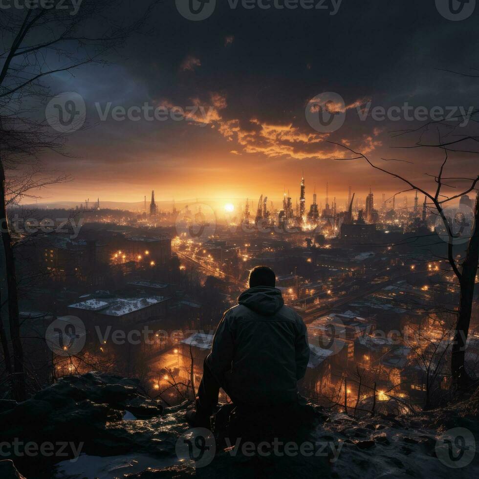 A worker stands on a tower overlooking the sunset photo