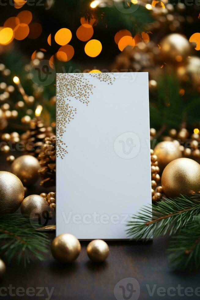 Blank white greeting card mockup, beautiful background decorated for christmas photo