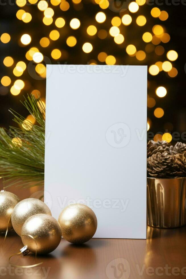 Blank white greeting card mockup, beautiful background decorated for christmas photo