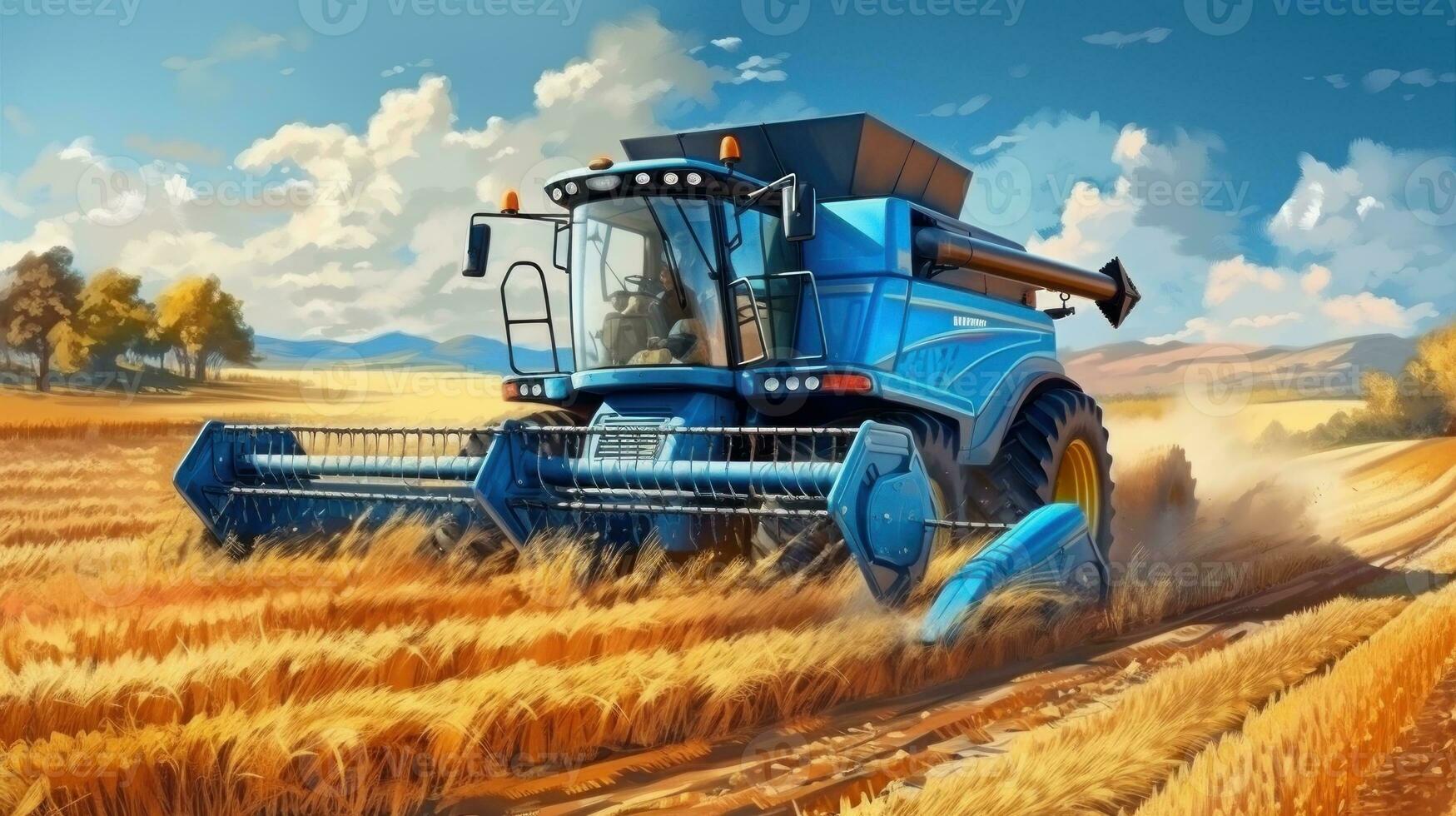 Combine harvester in a wheat field photo