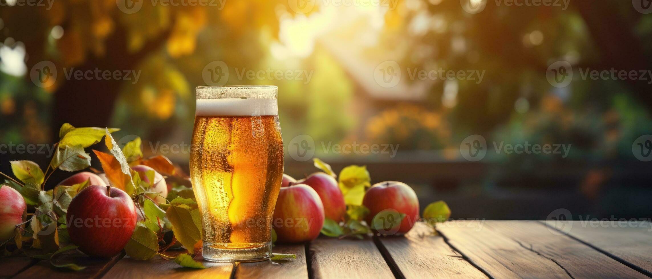 Apple cider on table with apples photo