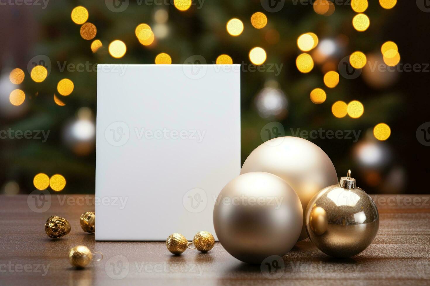 Blank white greeting card mockup, beautiful background decorated for christmas photo