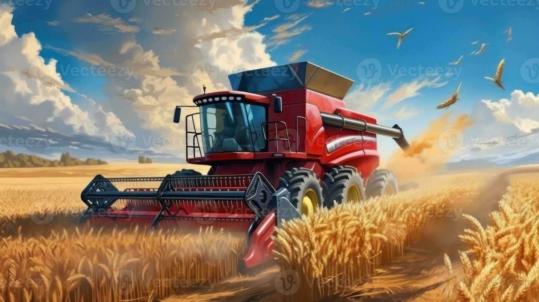 Combine harvester in a wheat field photo