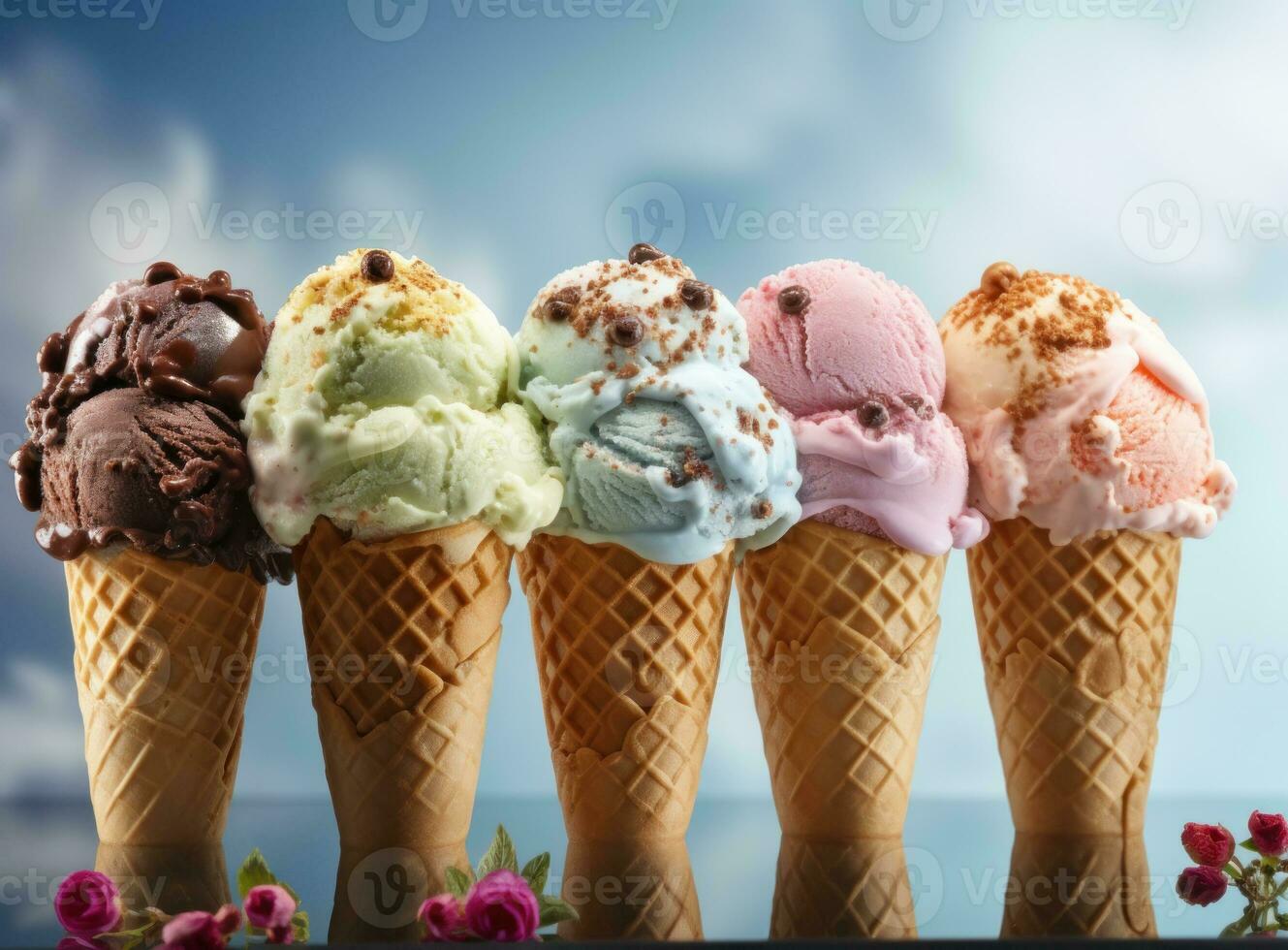 ice cream cones with mixed flavors photo