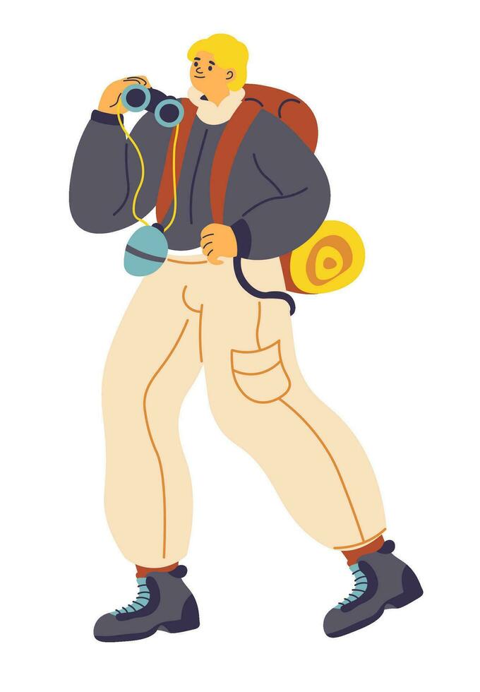 Male character with binoculars trekking or hiking vector