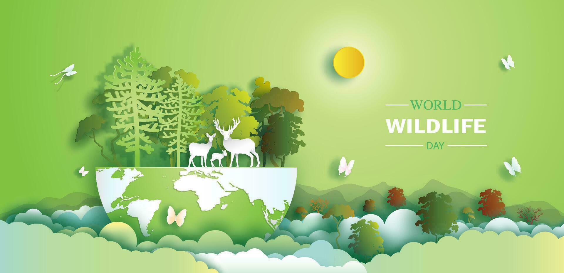 World Wildlife Day with the deer family and butterfly in forest. vector