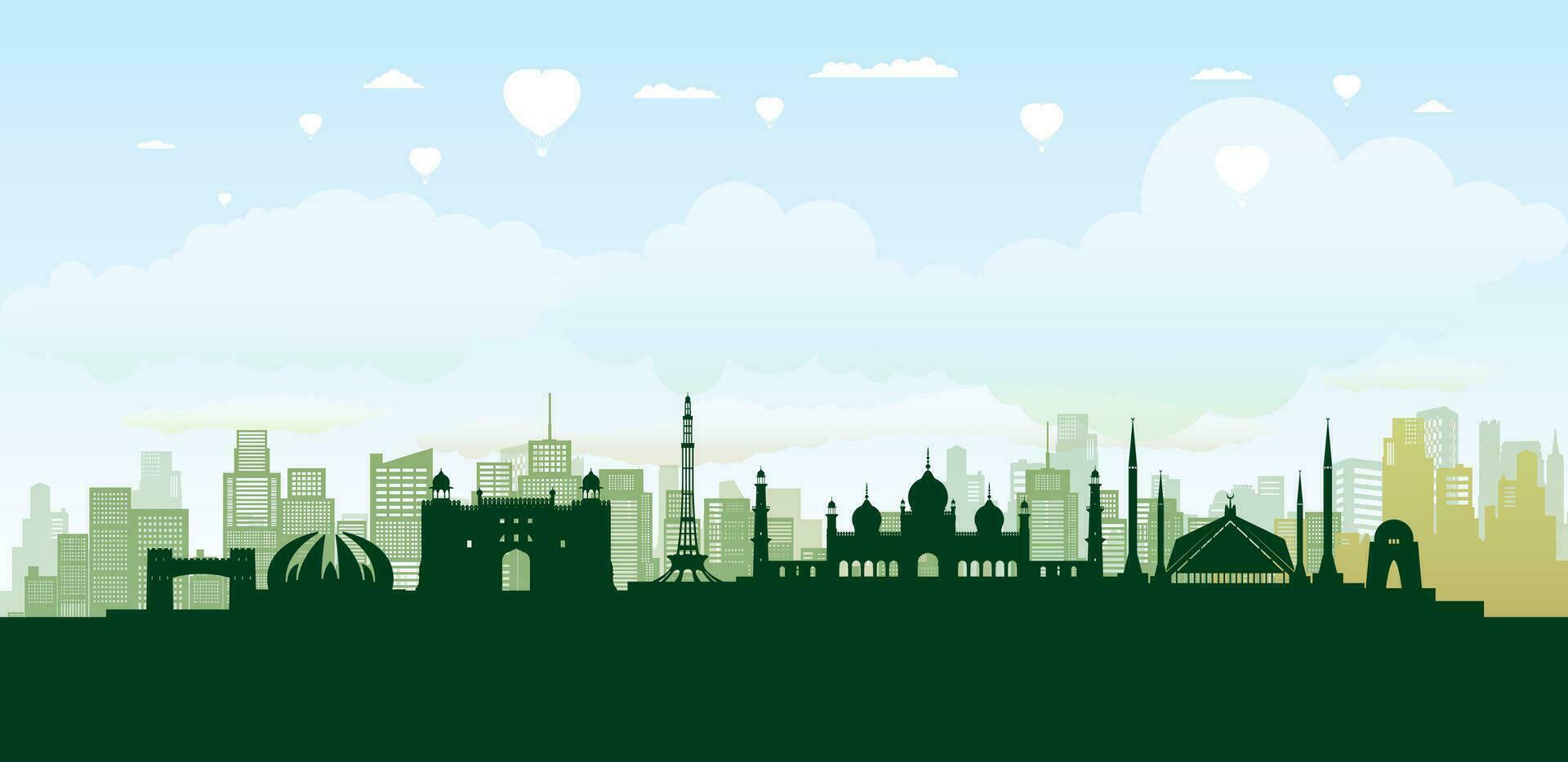 Travel landmark of Pakistan skyline in silhouette vector isolated cityscape.