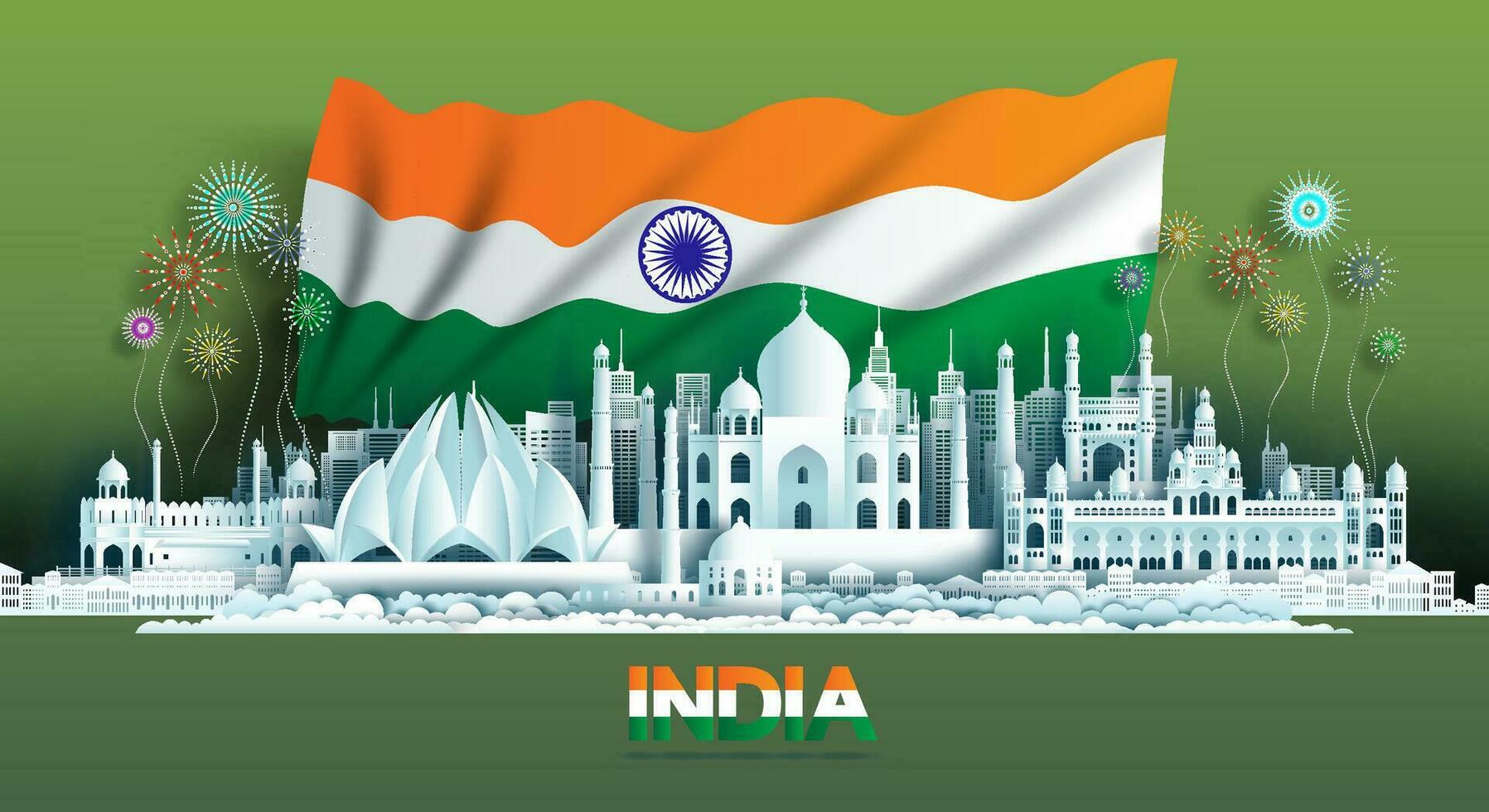 Anniversary celebration independence India day and travel landmarks India city. vector