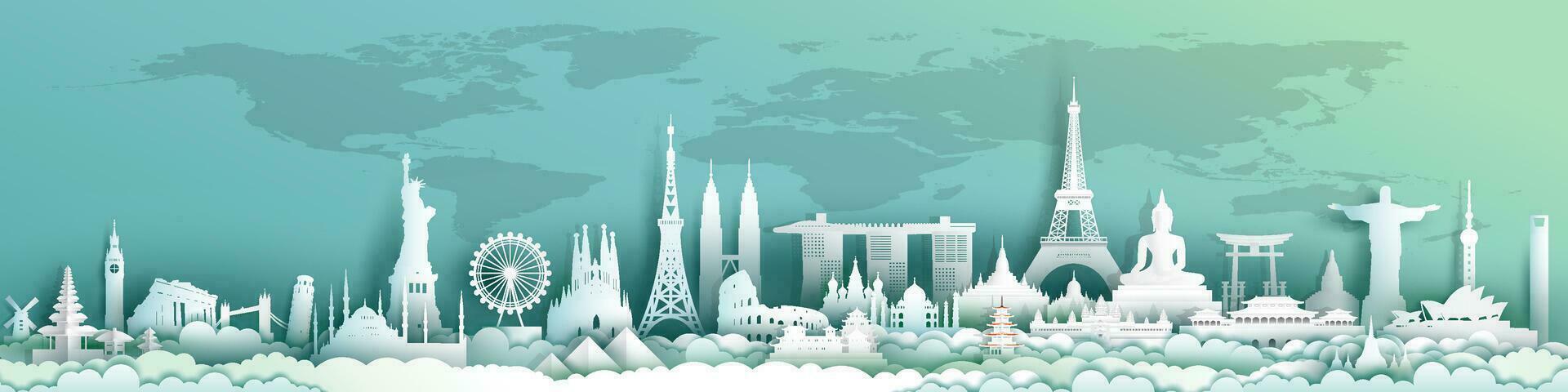 Travel landmarks world with world map background. vector