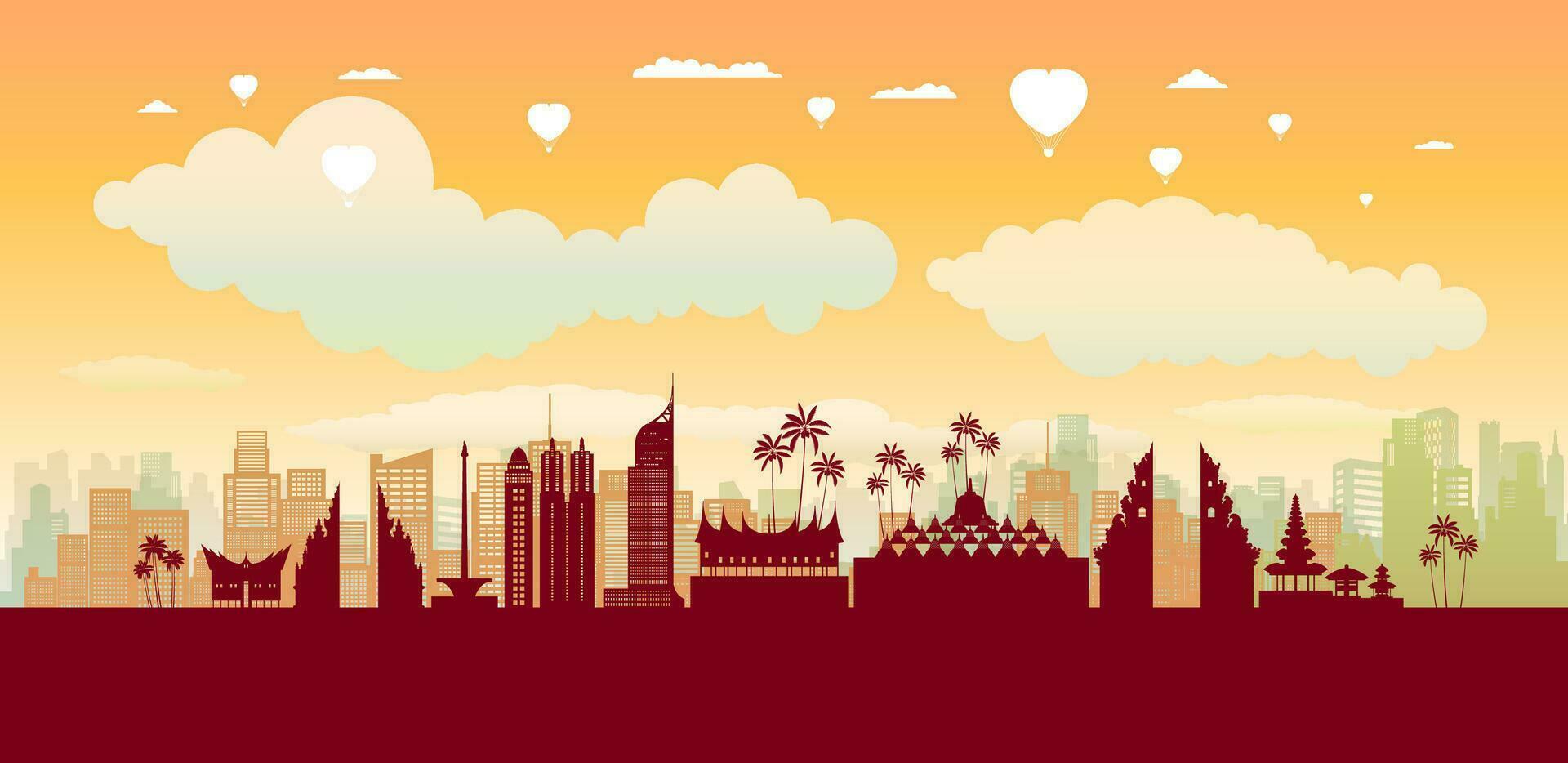 Travel landmark of Indonesia skyline in silhouette vector isolated cityscape.