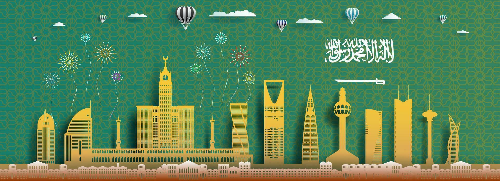 Anniversary celebration nation day Saudi arabia with arab pattern background. vector