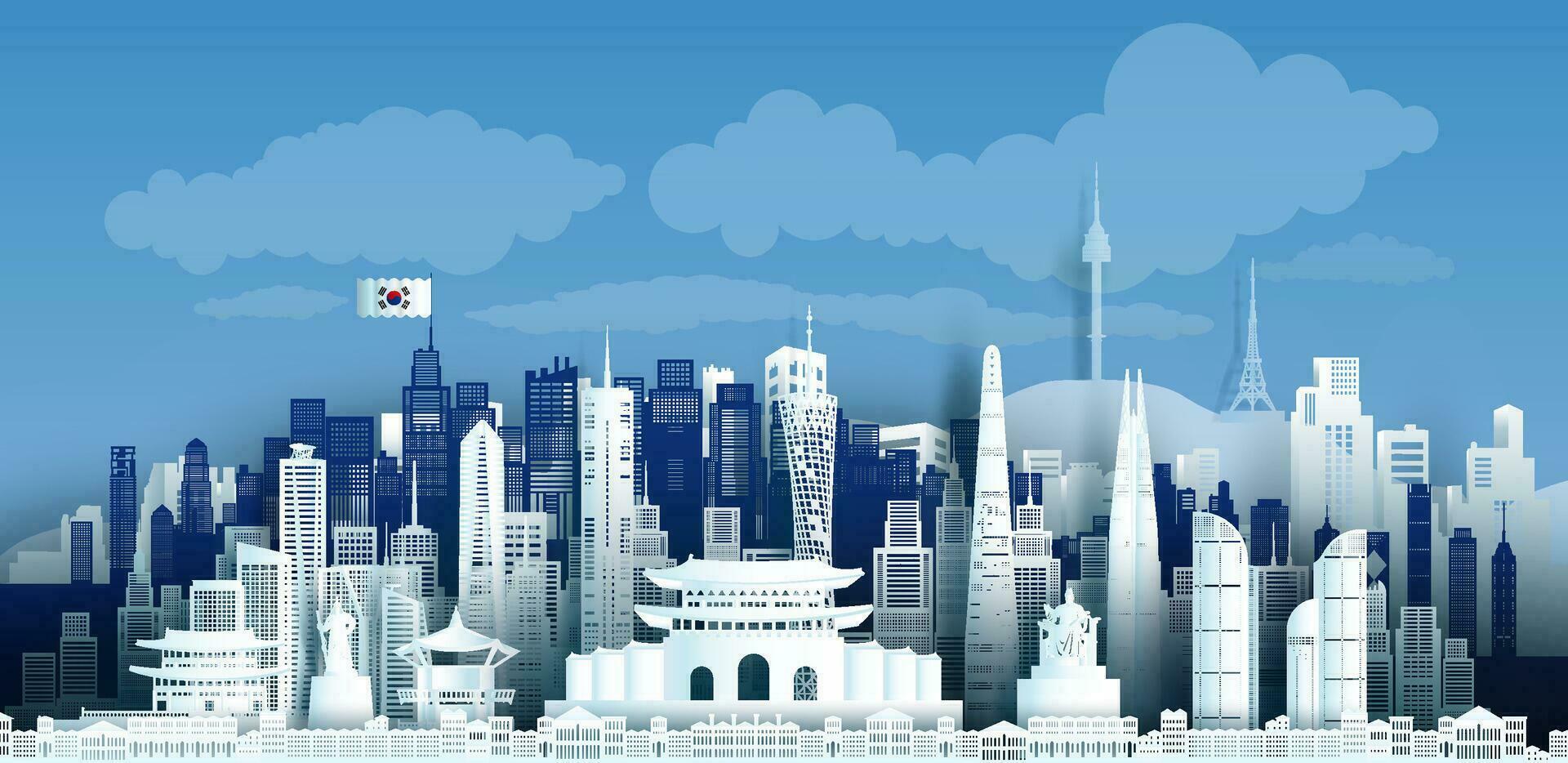 Travel landmark of Korea skyline in silhouette vector isolated cityscape.