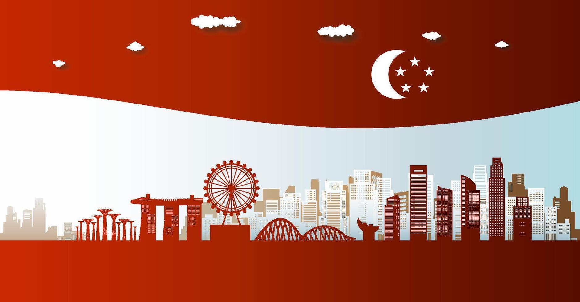 Travel landmark of Singapore skyline in silhouette vector isolated cityscape.