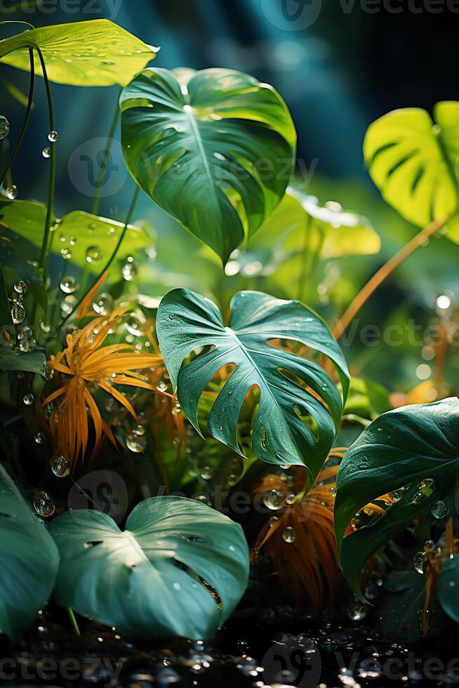 A vibrant tapestry of abstract shapes and patterns intertwines with lush green foliage, bathed in shimmering sunlight. photo