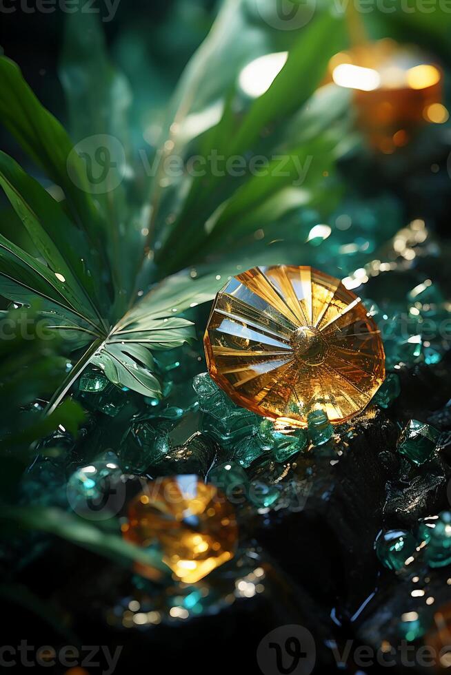 A vibrant tapestry of abstract shapes and patterns intertwines with lush green foliage, bathed in shimmering sunlight. photo