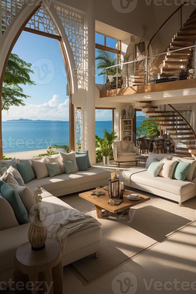 An opulent penthouse suite overlooking the white sandy beaches and turquoise waters of an exclusive tropical island resort. AI generative photo