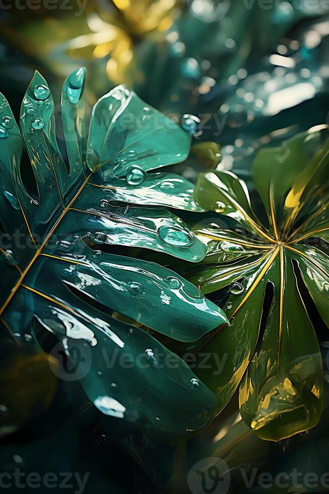 A vibrant tapestry of abstract shapes and patterns intertwines with lush green foliage, bathed in shimmering sunlight. photo