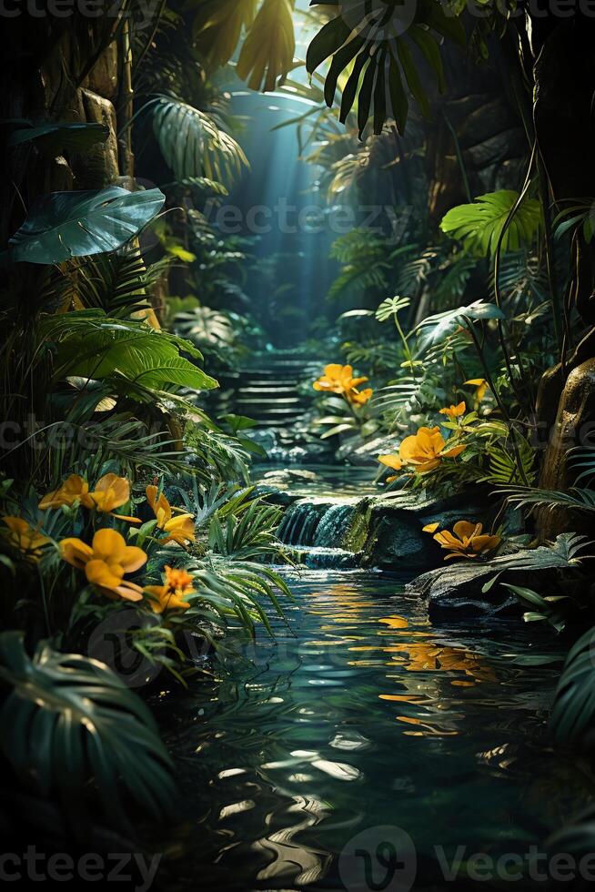 A vibrant tapestry of abstract shapes and patterns intertwines with lush green foliage, bathed in shimmering sunlight. photo