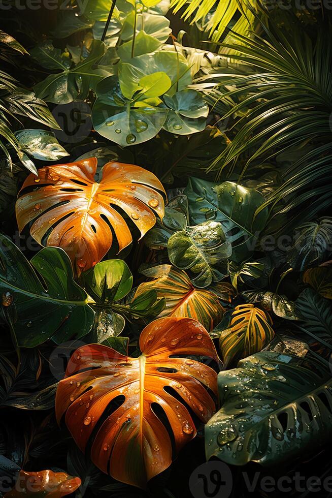 A vibrant tapestry of abstract shapes and patterns intertwines with lush green foliage, bathed in shimmering sunlight. photo