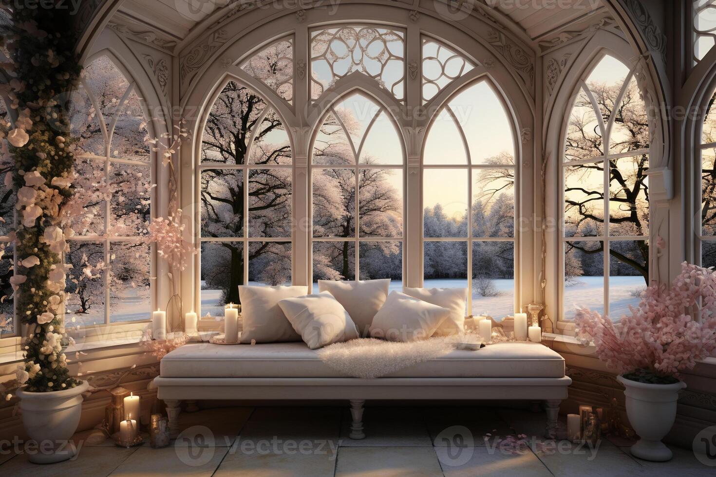 A vintage bay window, with a beautiful view of a winter wonderland. photo