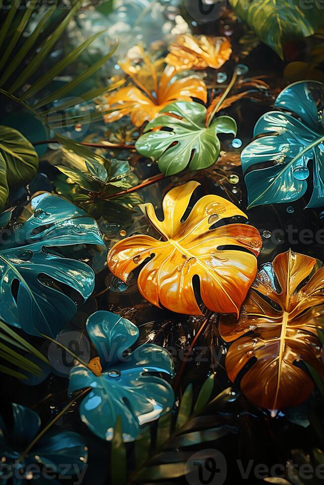 A vibrant tapestry of abstract shapes and patterns intertwines with lush green foliage, bathed in shimmering sunlight. photo