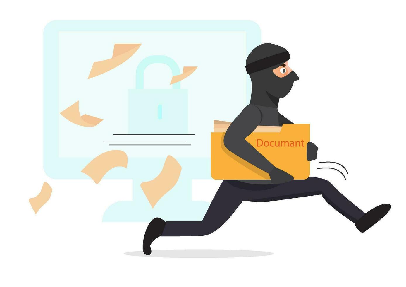 Tiny hacker running away from computer with stolen files. Monitor with unlocked data on screen, criminal holding folder with documents vector illustration. Cybersecurity, safety, internet concept