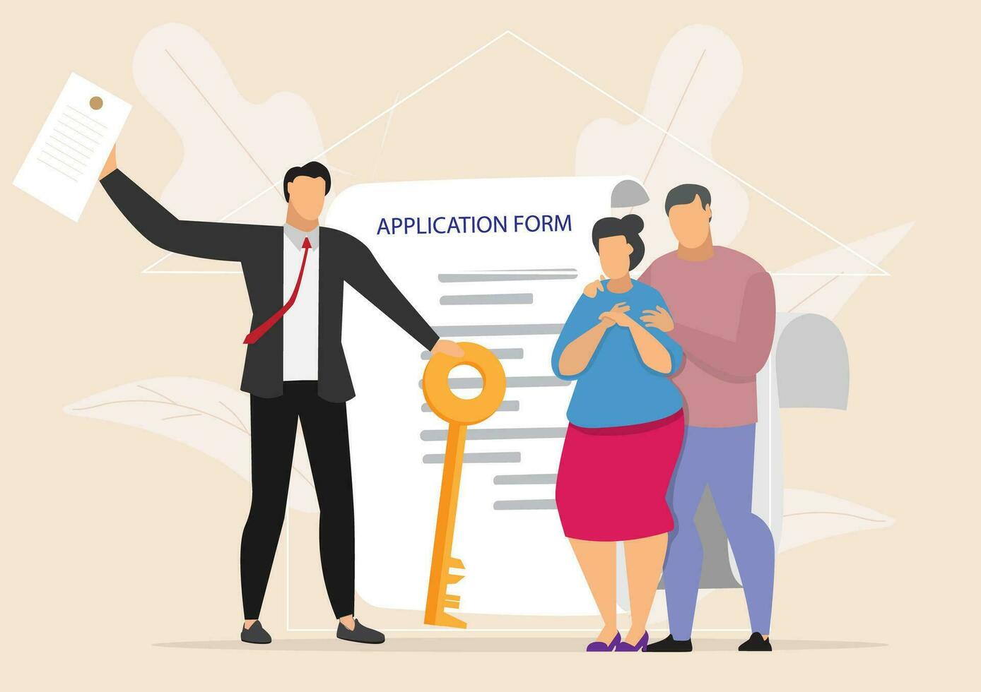 Successful realtor holding key in his hand and sells, rent house to young couple family.estate agent and happy client. Application form and key. modern flat illustration. web design landing concept. vector