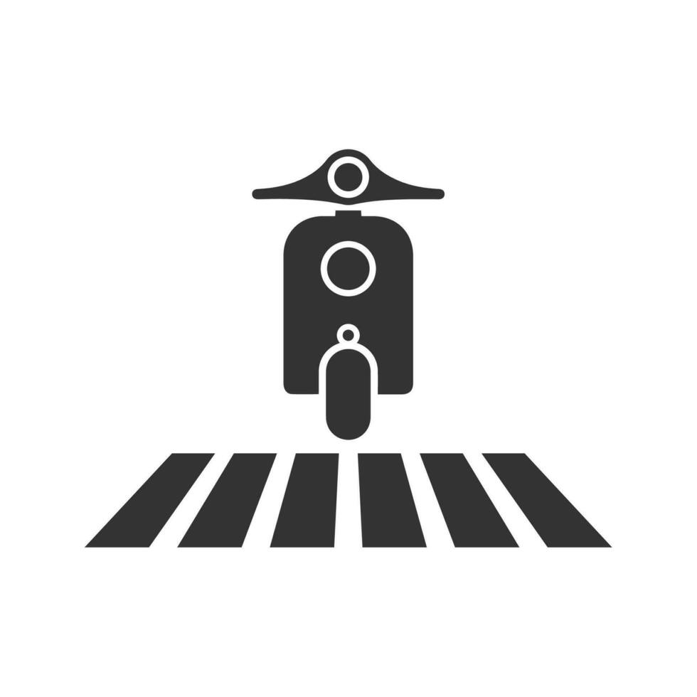 Vector illustration of motorcycle at zebra crossing icon in dark color and white background