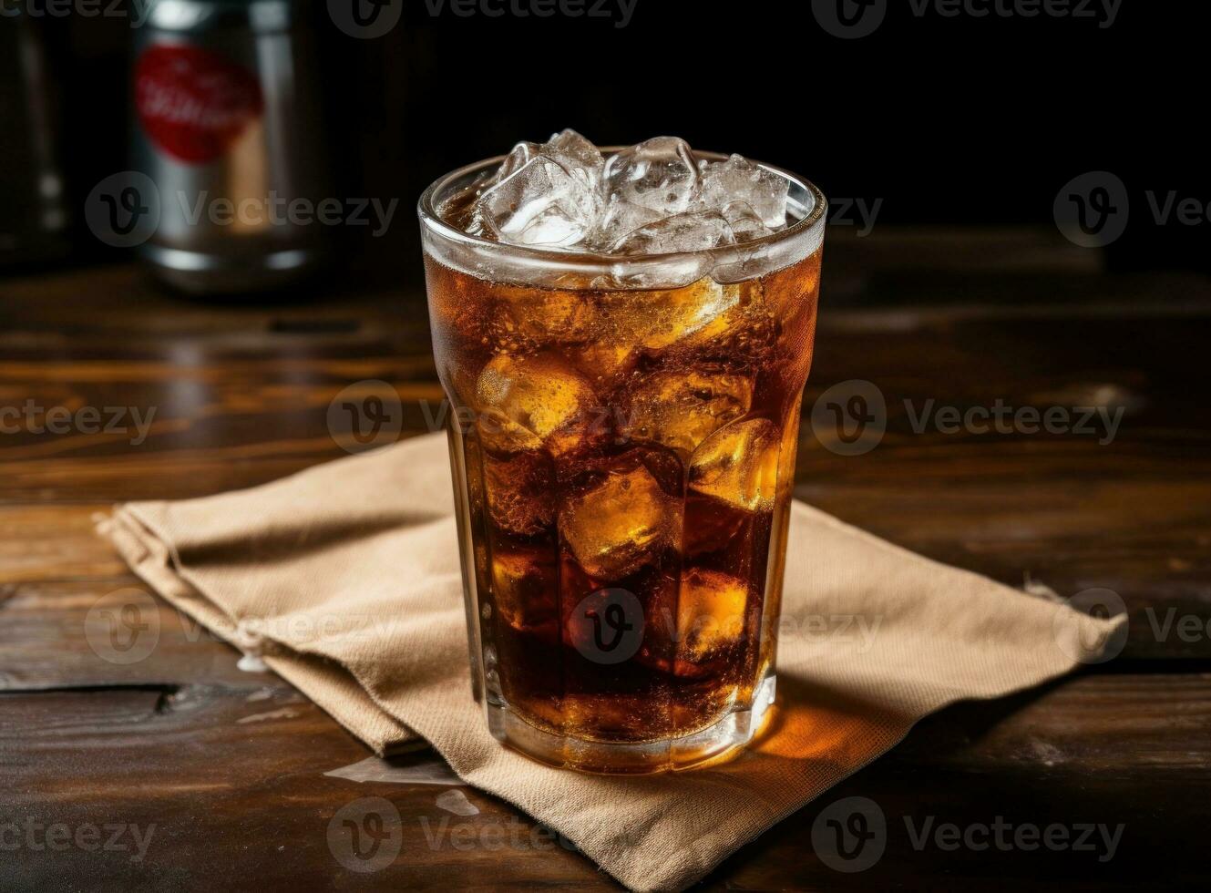 An ice cola in a glass on a sack table photo