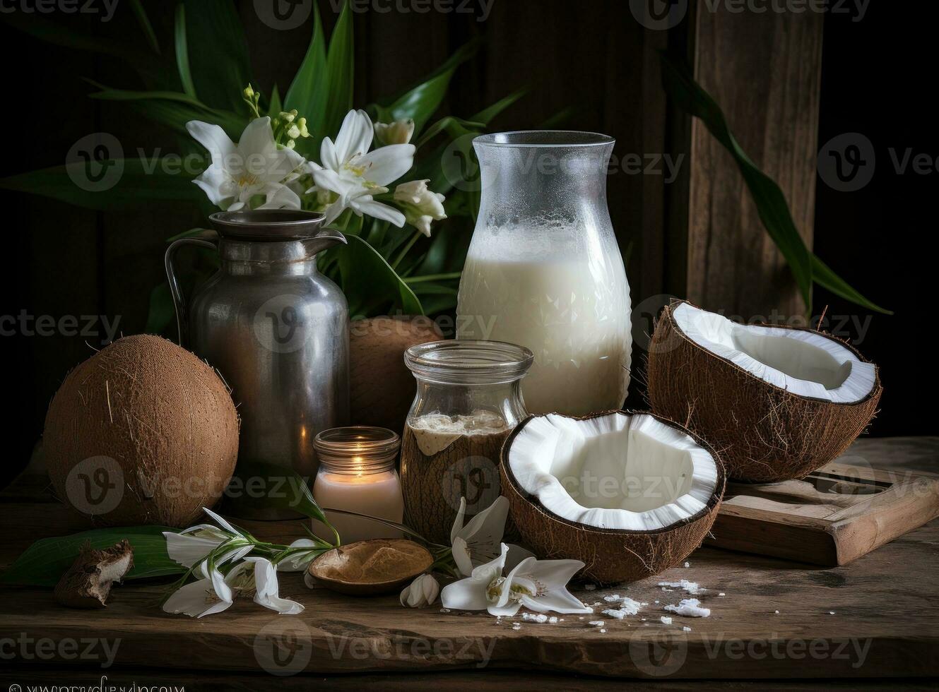 Coconut milk in small transparent bottles photo