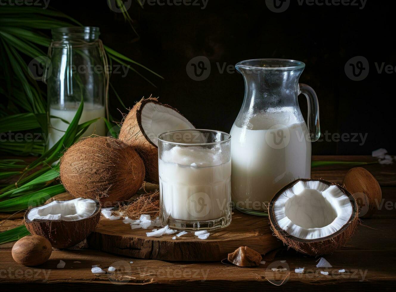 Coconut milk in small transparent bottles photo