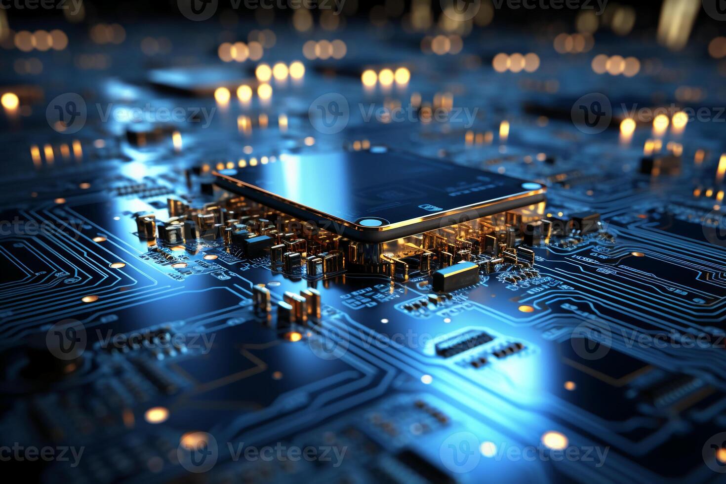 Mechanism, computer circuits, light blue background. photo