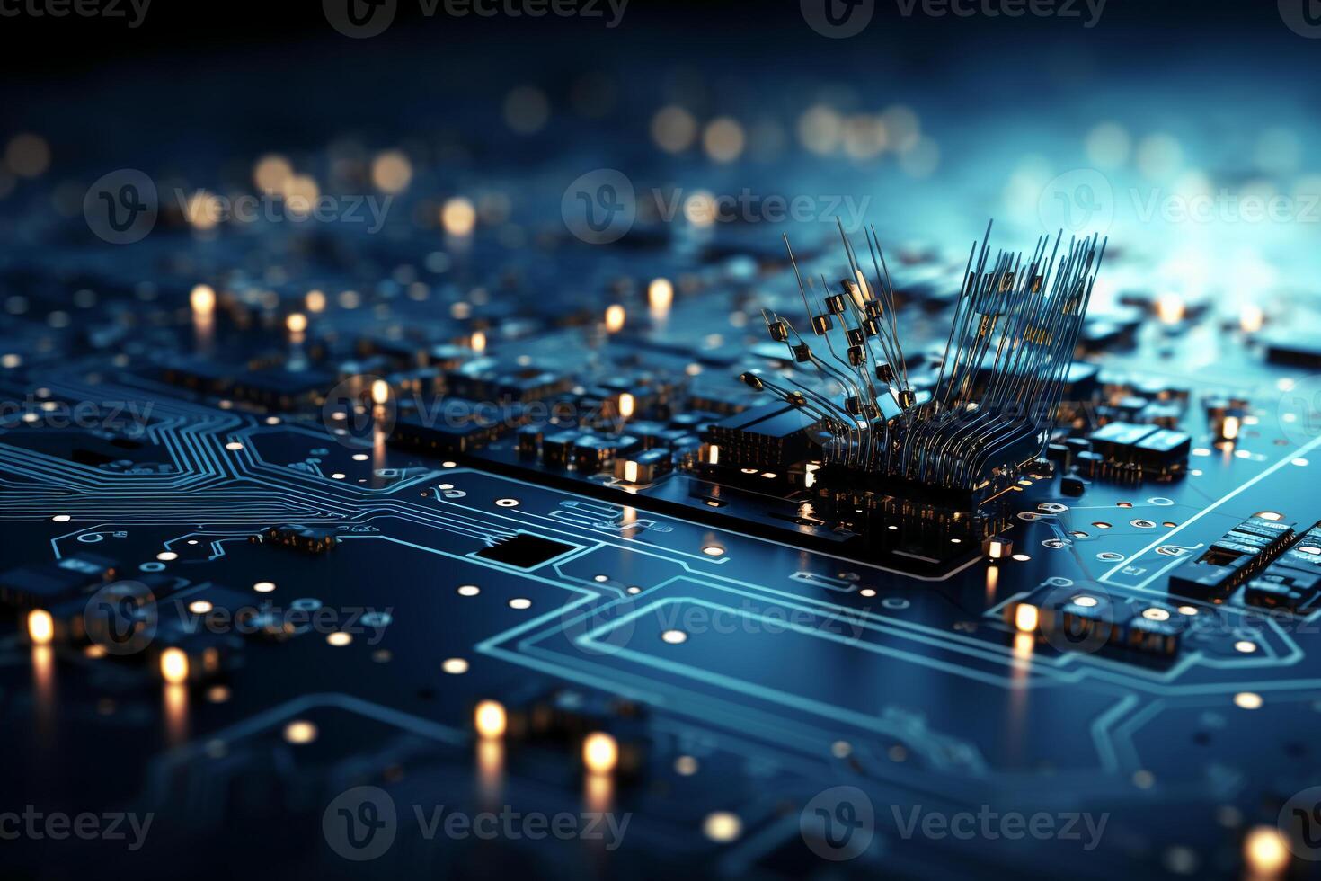Mechanism, computer circuits, light blue background. photo