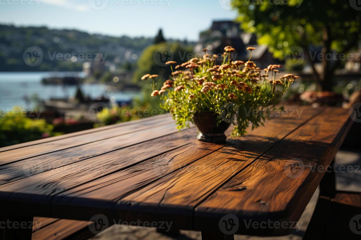 Wood table on close up lake blur on the background. Natural afternoon sunlight. AI generative photo