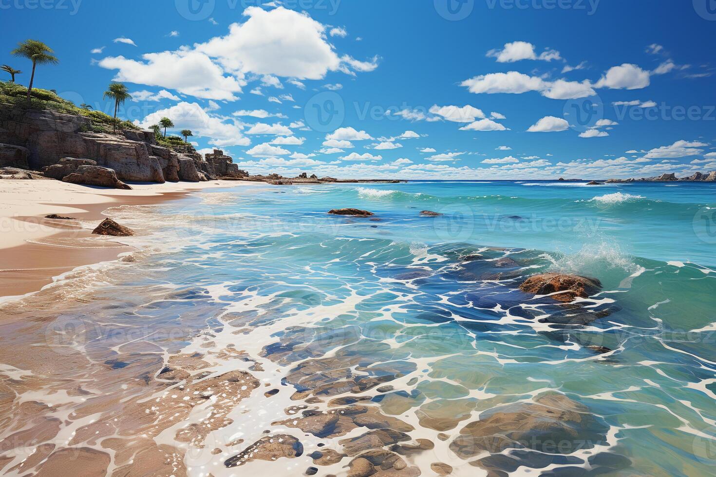 green ocean with gentle waves, sandy seashore, fluffy white clouds in bright blue sky. photo