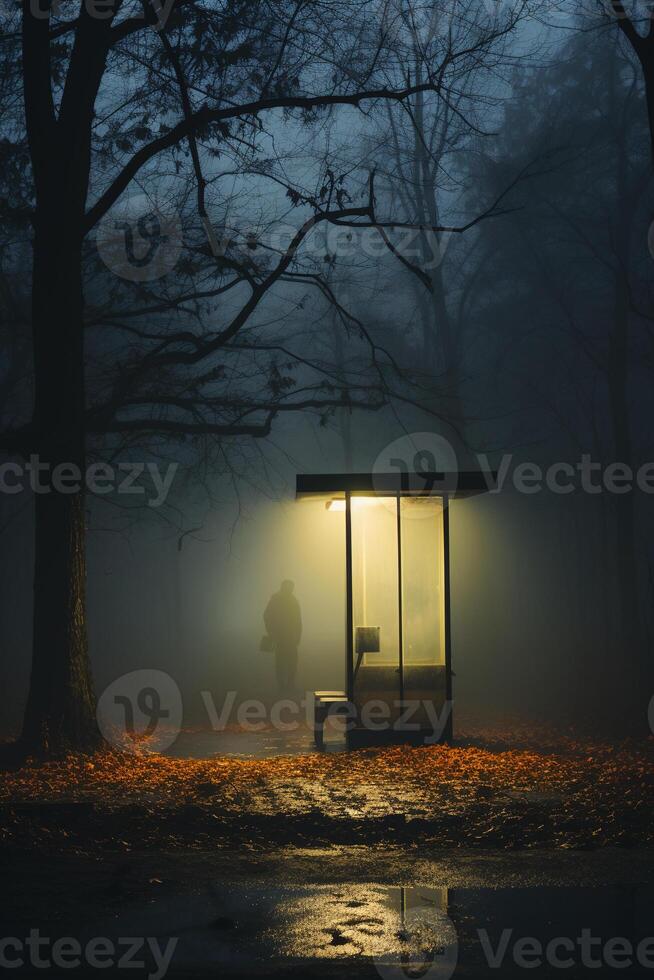 lonely rural bus stop in the morning mist. photo